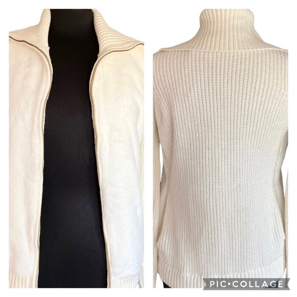 Tommy Hilfiger Ribbed Knit Fur Front Full Zip Sweater Jacket Sz XS Winter White - Picture 1 of 13